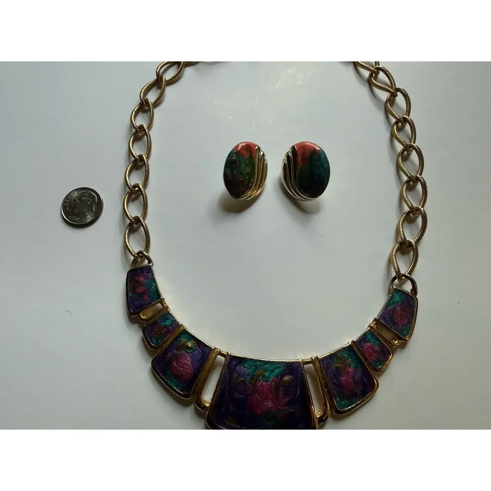 Vintage 80s Statement Tie Dye Necklace And Matching Earrings‎ Gold Tone Rainbow